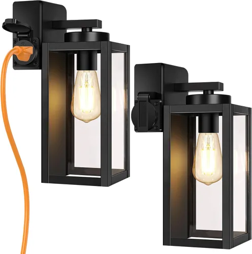 Miniatura 11 de BesLowe Paquete de 2 faroles de pared para exteriores del anochecer al amanecer, negro mate, apliques exteriores impermeables con vidrio