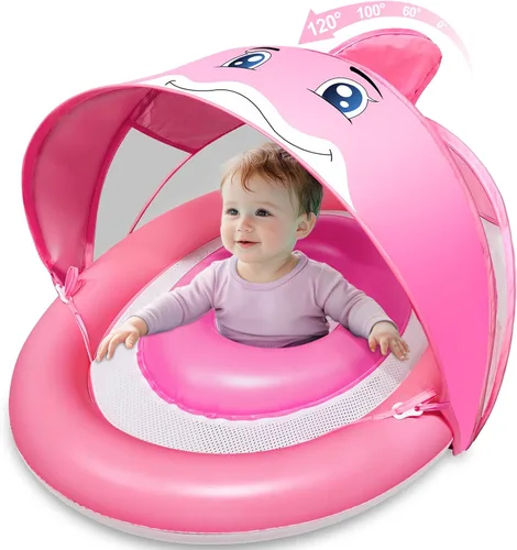 Baby Pool Float with Canopy UPF50+ for Age 6-36 Months 4 Stage Adjustable Canopy and Anti-Tip Safety Seat Dual Air Chambers Inflatable Toddler Rosa