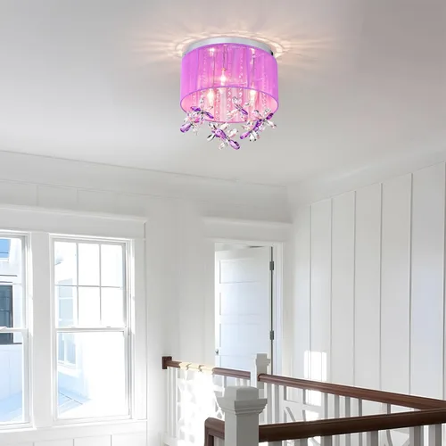 Miniatura 8 de LaLuLa Candelabro de cristal morado para dormitorio de niñas, lámpara de techo E12 de 3 luces, pantalla de cuerda de algodón hecha a mano, elegante
