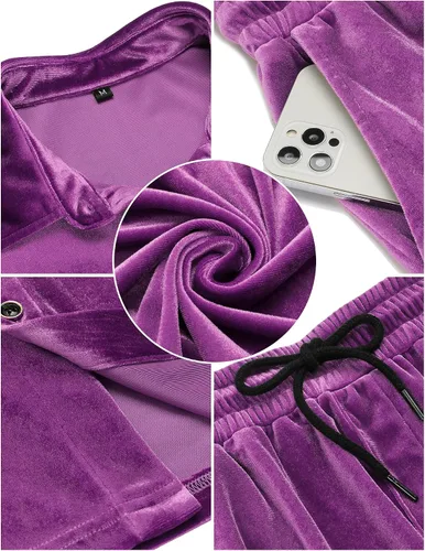 Miniatura 10 de LecGee Conjunto de pantalones cortos casuales de verano para hombre, camisa de terciopelo de manga corta con botones, pantalones cortos de cintura