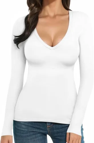 Miniatura 4 de MANGOPOP Camiseta de manga larga con cuello en V para mujer, ajustada, camiseta tipo túnica