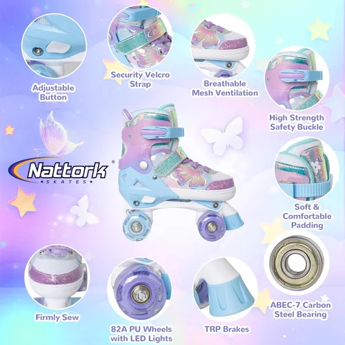 Miniatura 3 de Nattork Patines de Ruedas para Niñas y Niños, Patines Cuádruples de 4 Tamaños Ajustables con Diseño de Mariposa y Flor con Todas las Ruedas Púrpura
