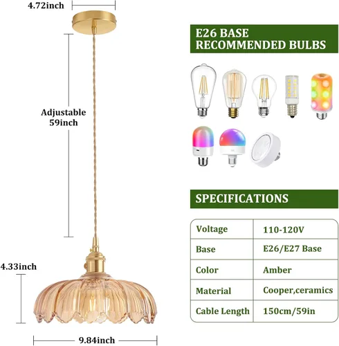 Miniatura 5 de Shenmoyl Lámpara Colgante con Cubierta de Vidrio Ámbar Scindapsus, Lámpara Colgante de Latón Vintage Ajustable para Isla de Cocina, Comedor, Pasillo