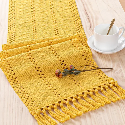 Miniatura 3 de DeZerlor Camino de mesa de macramé de 12 x 60 pulgadas, camino de mesa bohemio de granja con borlas de algodón y lino tejido para mesa de comedor