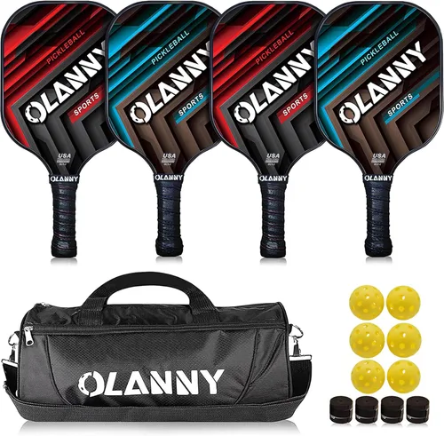 OLANNY Juego de paletas de pickleball de grafito, raquetas de primera calidad, cara de fibra y polímero de núcleo de panal de abeja, incluye paletas