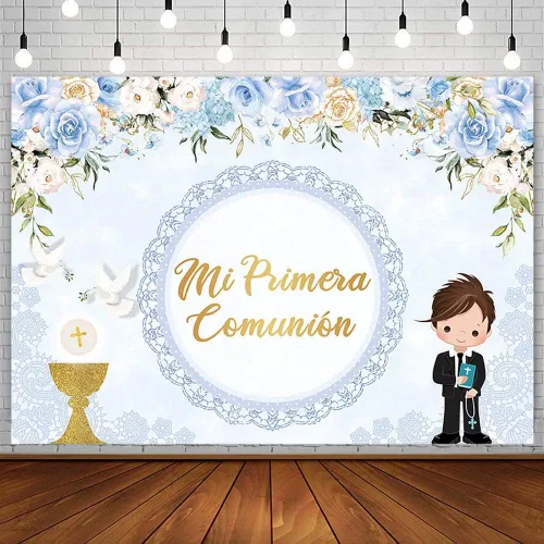 AIBIIN Telón de fondo de bautismo de 7 x 5 pies para niño Mi Primera Comunión Bautizo Fotografía Fondo Dios bendiga Primera Comunión Banner Palomas