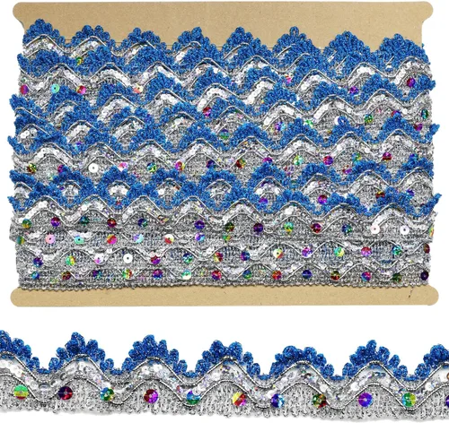 Miniatura 7 de Cinta de 14 yardas de ancho, 1.378 in/1.37 pulgadas, color azul y plateado con lentejuelas plateadas, cinta para manualidades y costuras Dorado