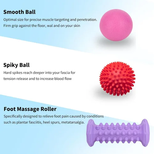 Miniatura 2 de Juego morado para aliviar la fascitis plantar, masajeador de rodillos de pies, bola de lacrosse de masaje, juego de terapia de bola puntiaguda