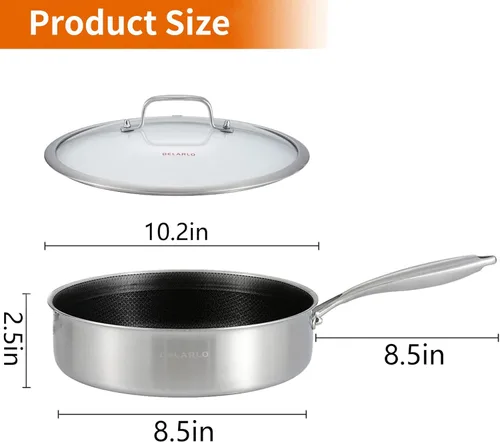 Miniatura 3 de DELARLO Sartén Salteadora Híbrida de Acero Inoxidable de Tres Capas de 10 Pulgadas, 3QT Sartén de Chef para Cocinar, Anti-Rayones, Compatible