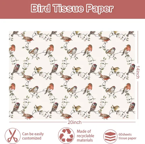 Miniatura 2 de JarThenaAMCS 60 hojas de papel de seda de pájaro, rama de pájaro, papel de regalo decorativo para manualidades, manualidades, primavera, boda