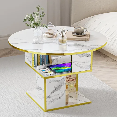 Elephance Mesa de centro redonda con almacenamiento, mesa de centro de 3 niveles para sala de estar, mesa de madera, mármol blanco con marco dorado