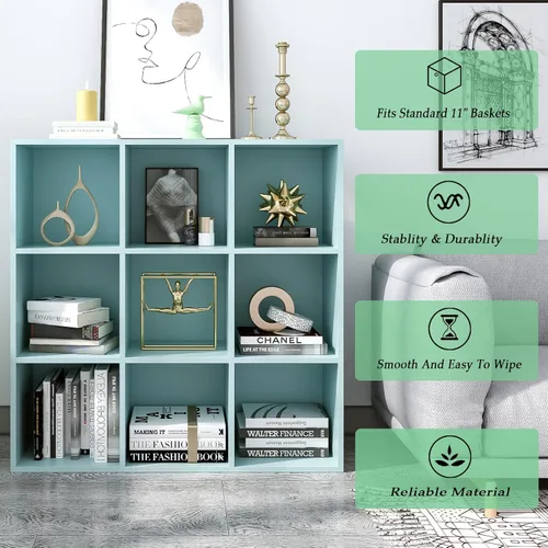 Miniatura 4 de OSCHF - Estantería de almacenamiento de 9 cubos, estantería de madera de 3 niveles con soporte en el suelo, estantería abierta para el hogar