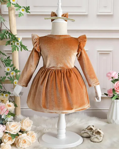 Miniatura 5 de Kucnuzki Vestido de terciopelo para niña pequeña, vestido de terciopelo sólido para niña, vestido de princesa casual para fiesta de otoño