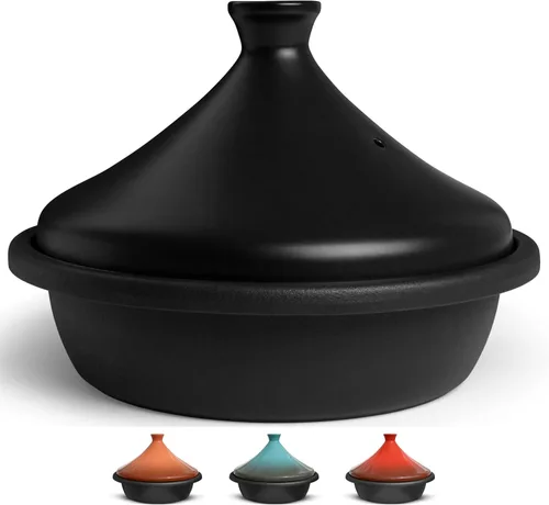 Kook tajín marroquí, olla de cocina de hierro fundido esmaltada, tajín con tapa cerrada cónica de cerámica, 3.3 QT (Negro mate)