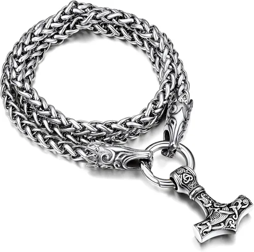 FaithHeart Collar punk nórdico vikingo para hombre, collar grueso, acero inoxidable, Mjolnirnudo celta, cabeza de lobo, colgante de amuleto, joyería