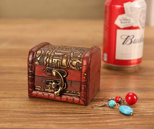 Miniatura 6 de OBTANIM Cajas de joyería pequeñas vintage, caja de almacenamiento de madera hecha a mano de 3 pulgadas con cerradura de metal, caja de regalo