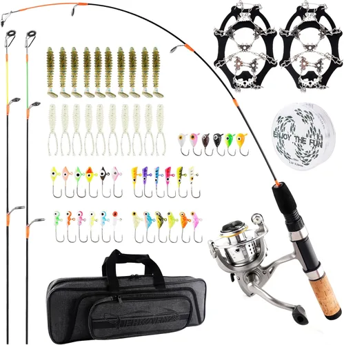 Hikary Juego combinado de caña de pescar en hielo y carrete, kit completo portátil de carbono con bolsa de aparejos, plantillas de hielo, tacos de