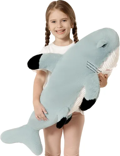 Miniatura 11 de Tezituor Peluche de tiburón ballena gigante de 51 pulgadas, almohada corporal grande de peluche de tiburón ballena azul de 4.3 pies para niñas