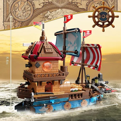 Miniatura 5 de Vziimo Juegos de construcción de barcos piratas con luces, modelo creativo de barco, barco pirata, juguetes de construcción para decoración