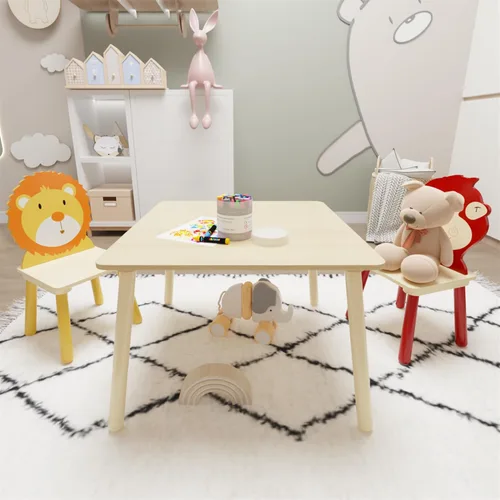 Miniatura 2 de Juego de mesa y silla para niños, juego de mesa de madera para niños con 2 sillas, mesa de actividades adorablemente animales para leer, dibujar