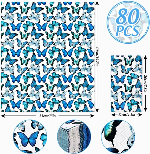 Miniatura 2 de AnyDesign 80 servilletas de mariposa desechables con mariposas azules, servilletas de papel, acuarela, cena, toalla de mano para boda, fiesta