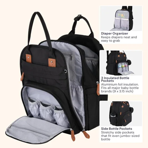 Miniatura 4 de BabbleRoo Mochila para pañales extragrande, bolsa de bebé expandible con hasta un 50% más de capacidad, bolsa de bebé esencial de viaje con Negro