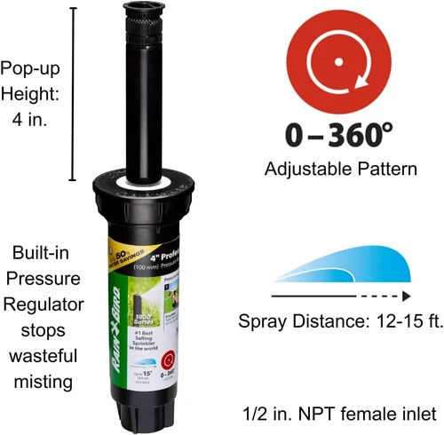 Miniatura 2 de Rain Bird 1804HV15PR - Aspersor profesional de regulación de presión (PRS) emergente de alta eficiencia, patrón ajustable de 0° a 360°, distancia