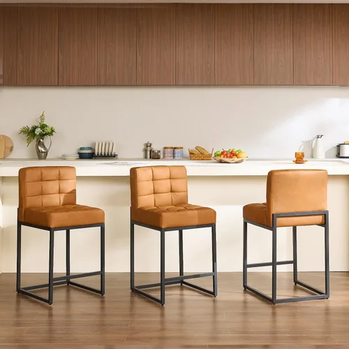 Miniatura 18 de GrandNoor Juego de 2 taburetes de bar modernos de piel sintética beige de 25 pulgadas con patas traseras de metal resistentes, cableado a cuadros
