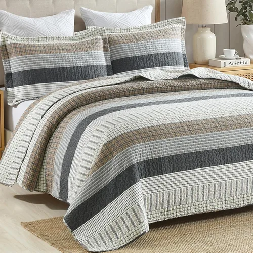 Miniatura 10 de Finlonte Edredón tamaño King, 100 % algodón, juegos de colcha tamaño King, colchas a cuadros azules, beige y blancas, ligeras, suaves