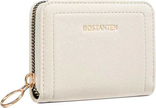 BOSTANTEN Tarjetero de tarjeta de crédito RFID de cuero pequeñas carteras para mujer, cartera de tarjeta con cremallera de acordeón, Beige,