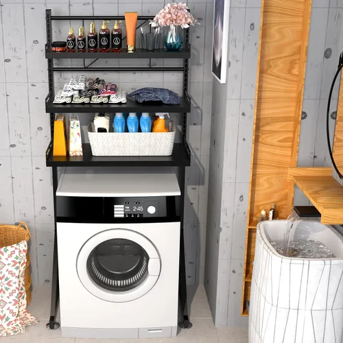 Miniatura 2 de Estante de almacenamiento para lavadora de 3 niveles de altura ajustable, organizador de almacenamiento grande para baño para ahorrar espacio (negro)