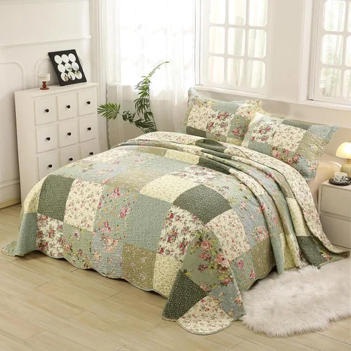Miniatura 2 de vctops Juego de colcha acolchada de algodón con retazos bohemios, tamaño Twin, 2 piezas, suave, reversible, ligero, juego de cubrecama con estampado