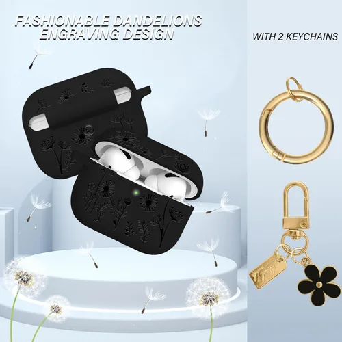 Miniatura 2 de Funda con grabado de flores compatible con AirPods Pro 2 2022, funda de silicona para AirPods Pro de 2ª/1ª generación con bonito llavero de flores