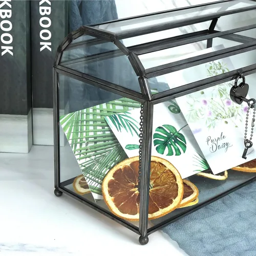 Miniatura 8 de HighFree Caja grande de cristal para tarjetas de boda de 12.2 pulgadas con ranura y cerradura, terrario geométrico de cobre hecho a mano, caja