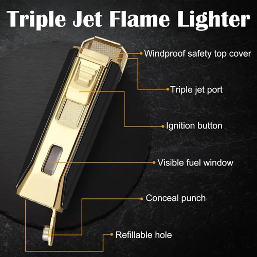 Miniatura 3 de Encendedor de llama triple jet con punzón y soporte, linterna multifuncional resistente al viento, encendedor de butano recargable, caja de regalo