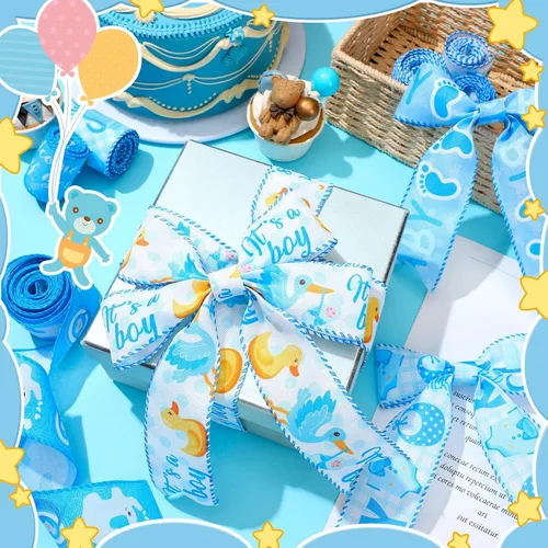 Miniatura 3 de 6 rollos de 30 yardas de cinta azul claro para baby shower, decoración de bienvenida para envolver regalos, caja de lazo, decoración de mesa