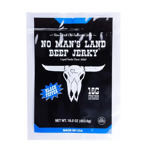No Man's Land Beef Jerky - Bocadillo de Carne de Res Bajo en Calorías, Bajo en Carbohidratos, Alto en Proteínas - Sabor PIMIENTA NEGRA 16oz (Paquete