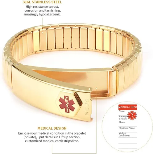 Miniatura 4 de Pulsera de alerta médica para hombres y mujeres, pulsera de identificación médica ajustable ajustable de acero inoxidable para diabetes, alergias