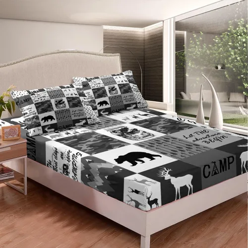 Miniatura 2 de Manfei Juego de sábanas bajeras de camping tamaño individual, 2 piezas de ropa de cama de camuflaje gris y negro para niños y adolescentes, funda