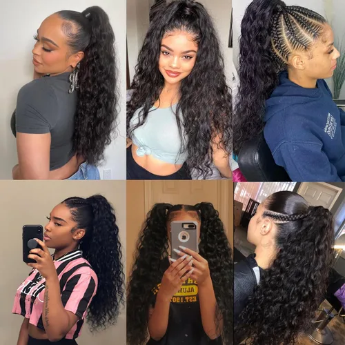 Miniatura 6 de Extensiones de cabello con ondas de agua para cola de caballo, trenzado humano, pegamento mágico Pony, extensiones de cabello humano brasileño