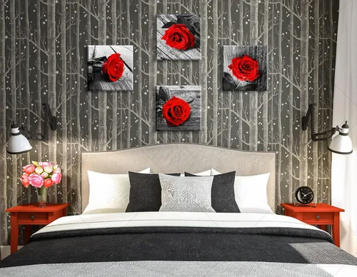 Miniatura 5 de JiazuGo - Decoración de pared para dormitorio con rosas rojas, arte de pared en blanco y negro, flores modernas para parejas, cuadros románticos