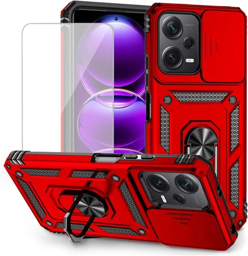Funda para Redmi Note 12 5G/Poco X5 con protector de pantalla de vidrio templado y cubierta de cámara deslizante, anillo magnético Soporte de Rojo