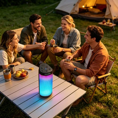 Miniatura 9 de Altavoz Bluetooth portátil con sonido estéreo fuerte, 8 modos de luz LED, tiempo de reproducción de 36 horas, emparejamiento TWS, IPX4 impermeable