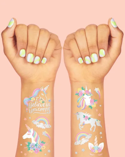 Miniatura 3 de xo, Fetti Recuerdos de fiesta de unicornio – Tatuajes temporales para niños – 26 estilos Suministros para fiesta de cumpleaños, decoraciones