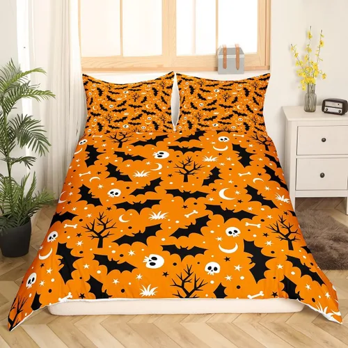 Miniatura 10 de Feelyou Funda de edredón de Halloween, tamaño individual, con 1 funda de almohada, decoración de Halloween, juego de ropa de cama con estampado