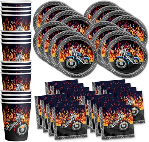 Juego de suministros para fiesta de cumpleaños de motociclistas, platos, servilletas, vasos, vajilla para 16
