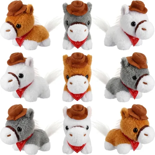 Miniatura 7 de Paquete de 9 animales de peluche de 4 pulgadas, mini juguete de peluche de pie con sombrero de vaquero y bandana, cadena desmontable para decoración