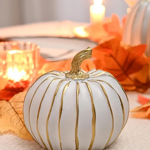 Miniatura 3 de FESTGLOX Decoración de calabaza de otoño, 2 figuras de calabaza falsas de resina de Acción de Gracias, calabazas blancas y doradas para decoración