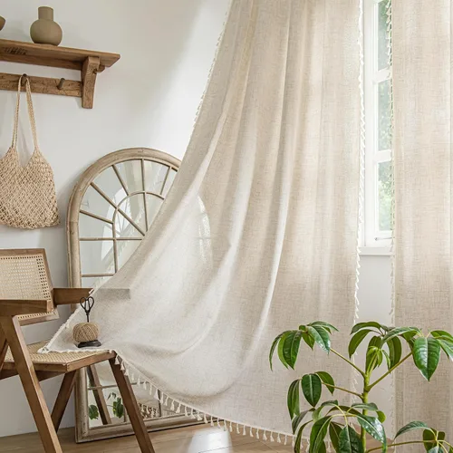 Miniatura 11 de Setaback - Cortinas bohemias de lino para sala de estar, 84 pulgadas de largo, 2 paneles con borlas, estilo campestre bohemio, bolsillo para Gris