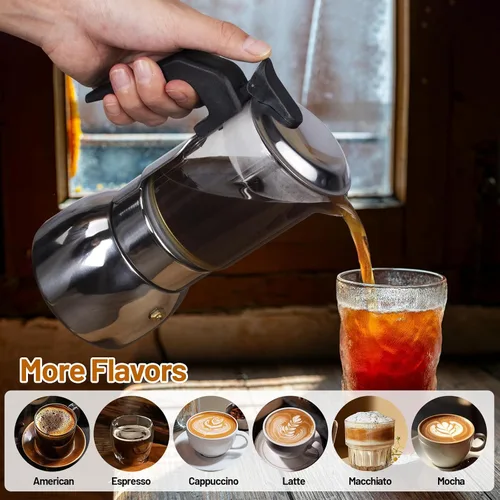 Miniatura 7 de Cafetera de 4 tazas de vidrio transparente, olla de moka de acero inoxidable 304 espesado para estufa, máquina de café italiana, cafetera Greca